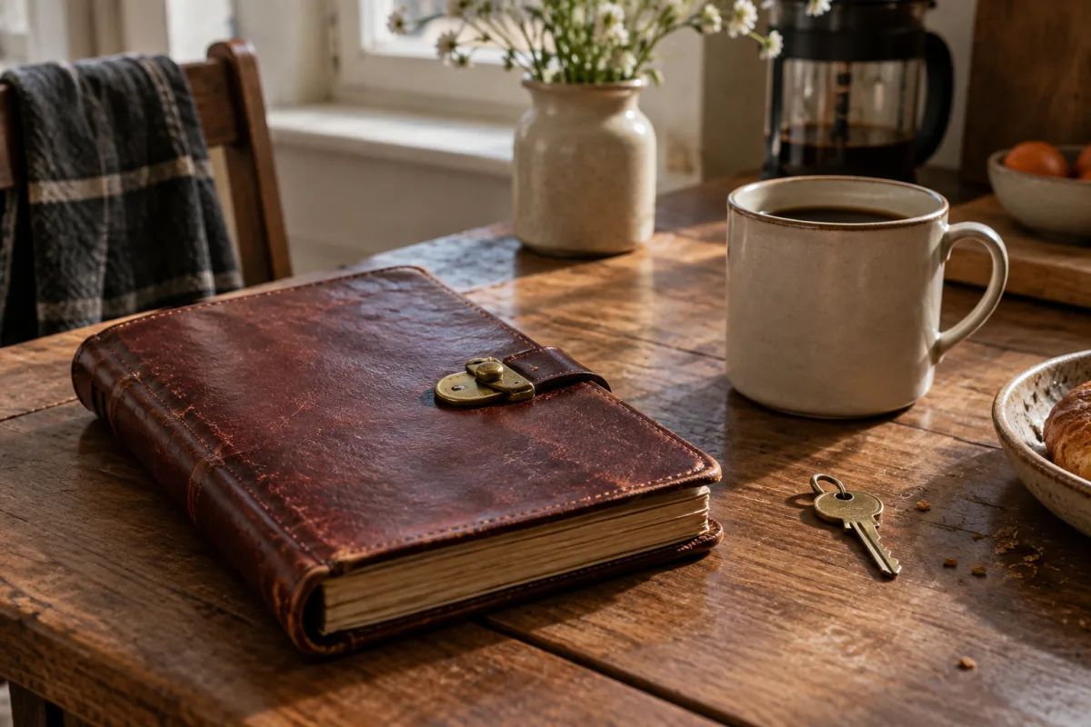 A worn leather notebook closed with a brass clasp on a kitchen table in morning light, a coffee cup and a single key beside it