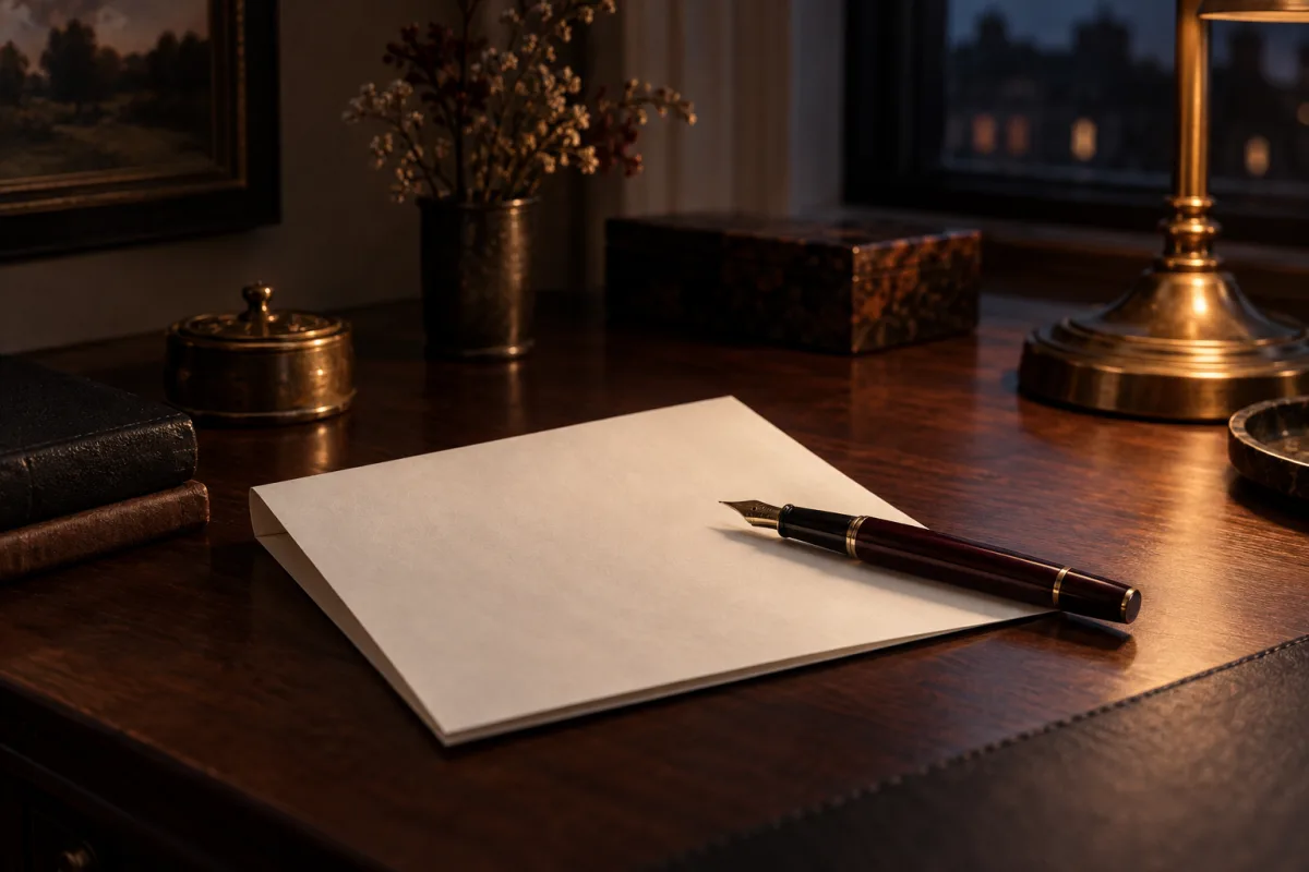 A fountain pen and an unwritten sheet of cream paper on a walnut desk in warm lamplight