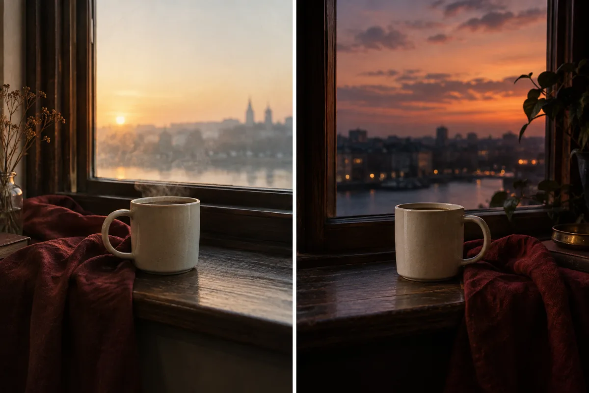 Two identical ceramic mugs on separate windowsills in one frame, one at dawn and one at dusk, the same oxblood cloth in both