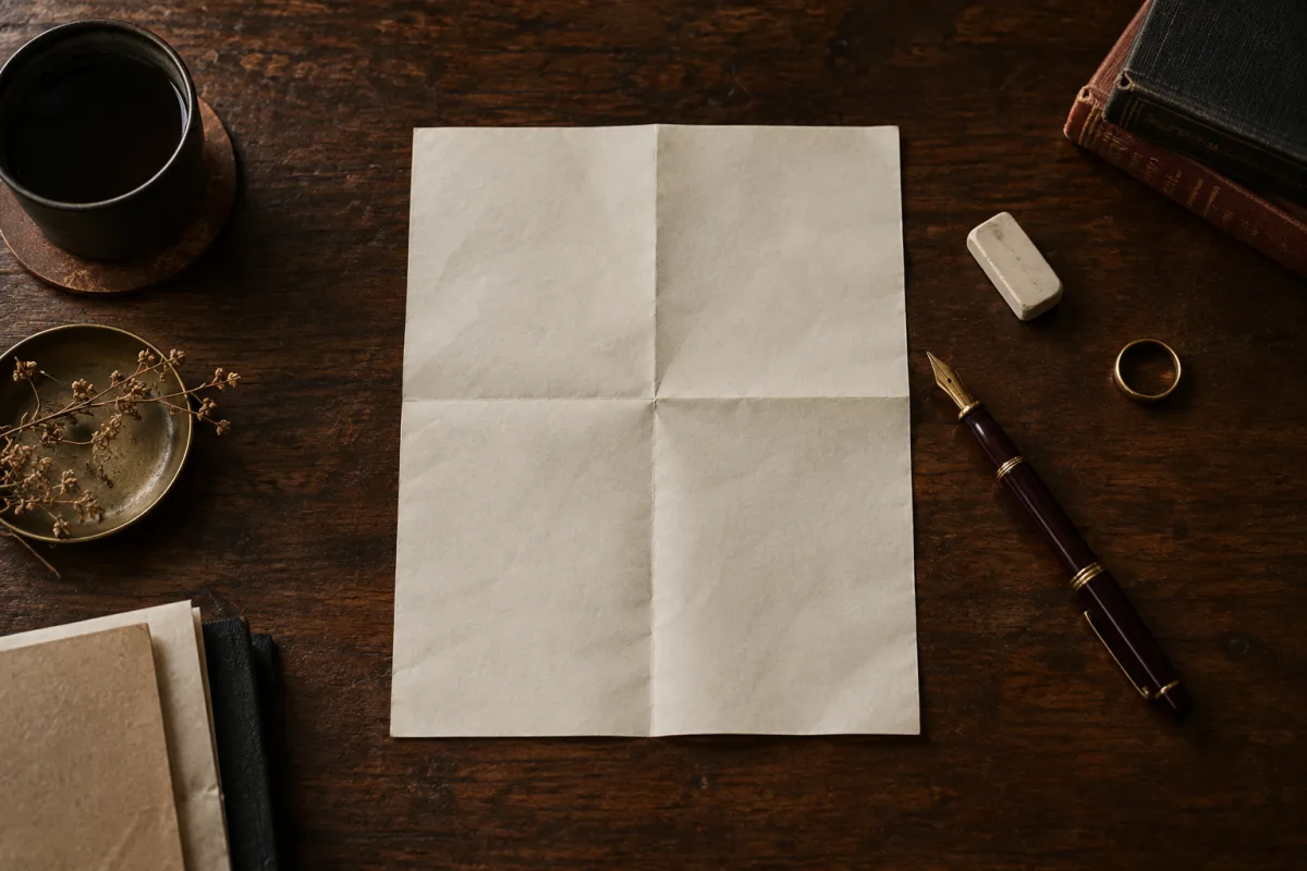 An overhead of a walnut desk: cream paper with visible fold creases, a pen, an eraser and a small brass ring, a document opened and reconsidered