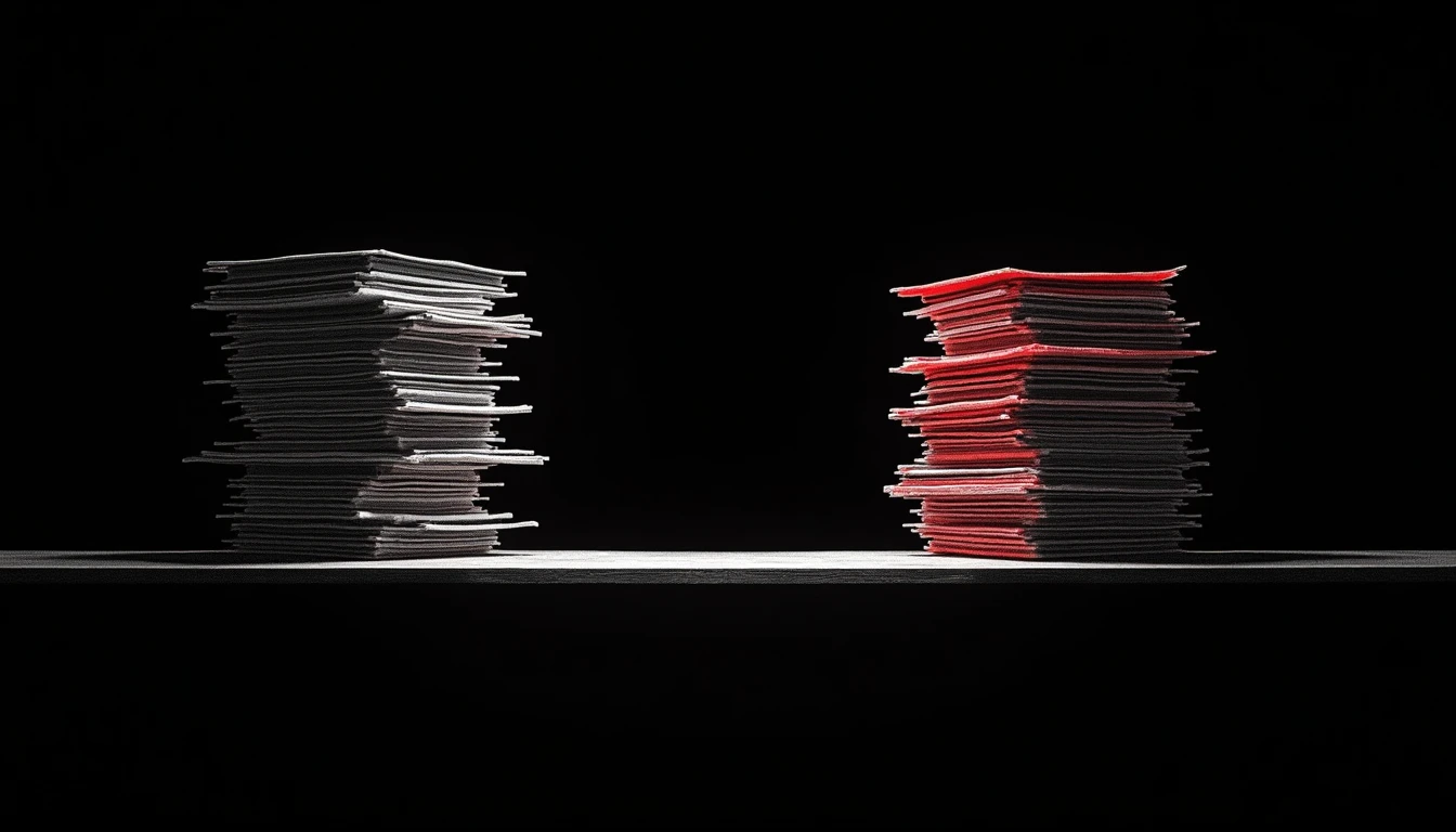 Two columns of abstract stacked document sections on black, structured side by side