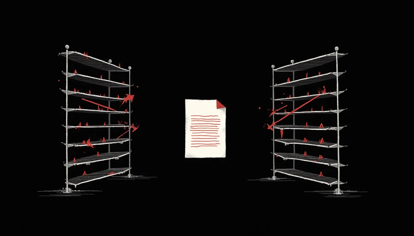 Two opposing abstract scaffolds bracket a central document on black with oxblood accents