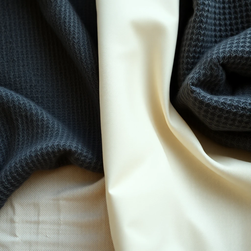 Two contrasting fabrics side by side on linen, smooth pale silk and rough dark wool, soft daylight, shot on 35mm film