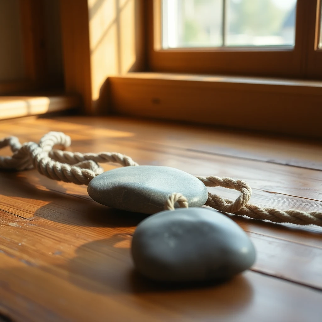 A smooth river stone and a length of weathered rope resting together on warm wood in window light, shot on 35mm film