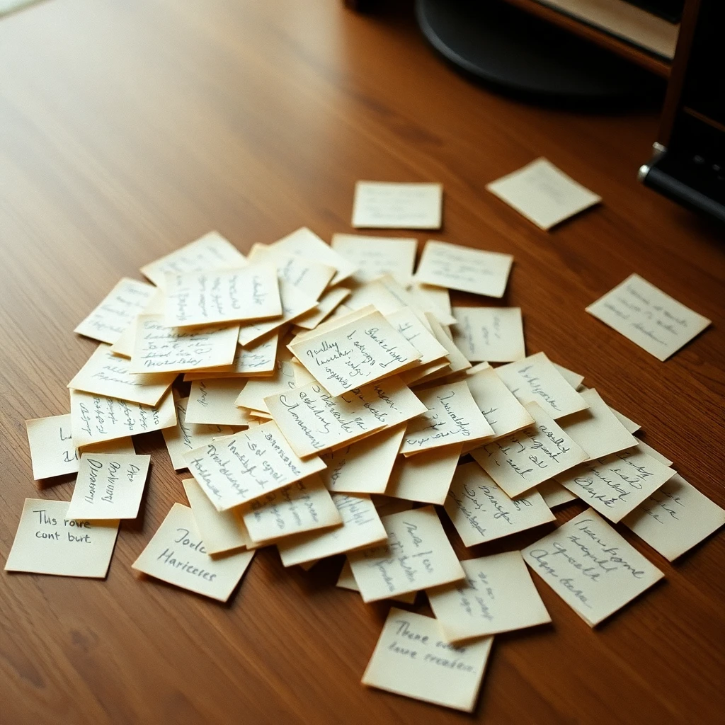 A scattered pile of small handwritten paper notes on a wooden desk, soft afternoon light, shot on 35mm film