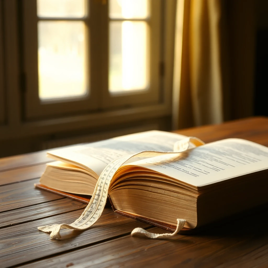 An open vintage book on a wooden table with a soft fabric bookmark, golden afternoon light through window, shot on 35mm film