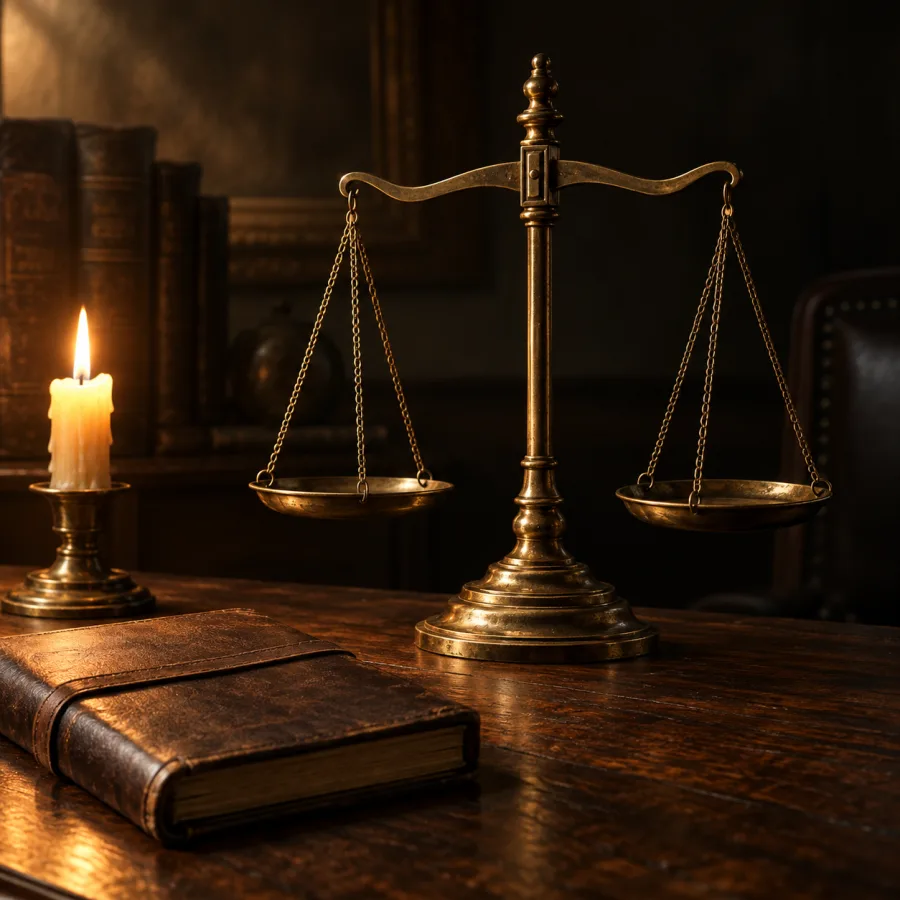 A heavy brass balance scale on a dark wooden desk beside a closed leather notebook and a single lit candle, warm light from the left