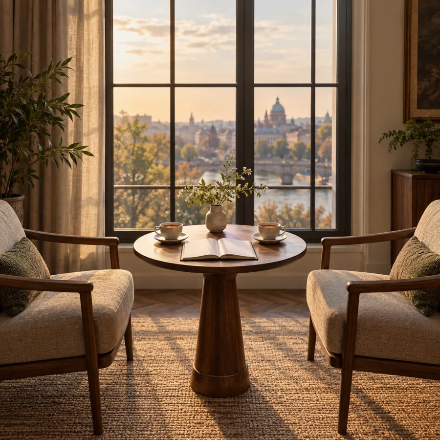 Two chairs facing each other across a small table holding two cups of tea and an open notebook, warm afternoon light through a tall window