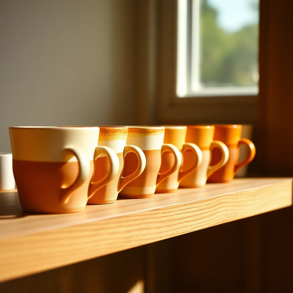 A row of ceramic cups in graduated shades from cream to deep terracotta on a wooden shelf, soft window light, shot on 35mm film