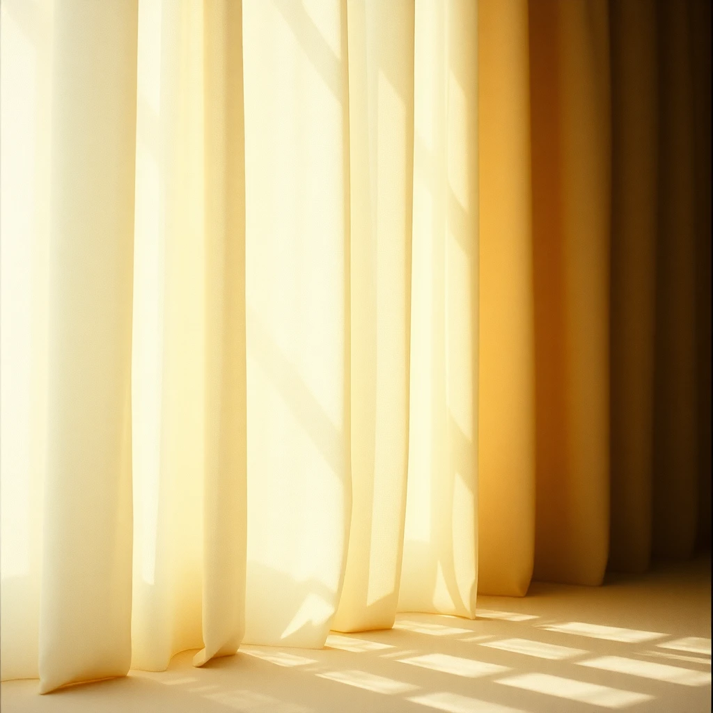 Dappled sunlight through a curtain casting soft gradients of light on a linen surface, shot on 35mm film