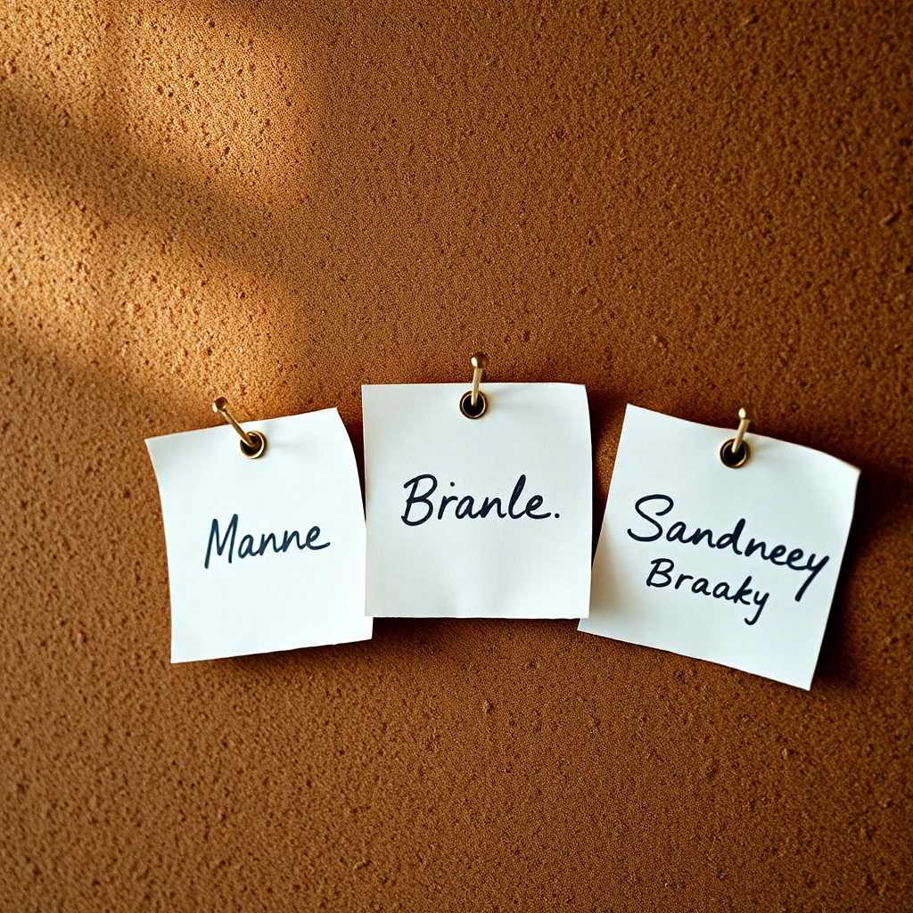 Three small handwritten name tags on natural craft paper, edges curling slightly, pinned to a corkboard with brass pins, diffuse afternoon light, shot on 35mm film, subtle grain