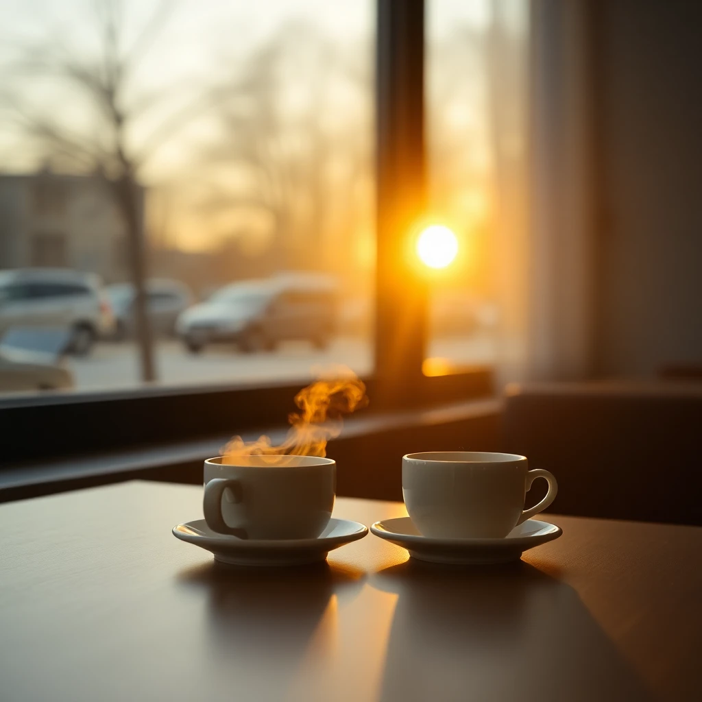 Empty cafe table with two coffee cups at sunset, soft golden light through window, one cup steaming, one half-empty, low contrast, shot on 35mm film, photographic style of Wolfgang Tillmans, matte