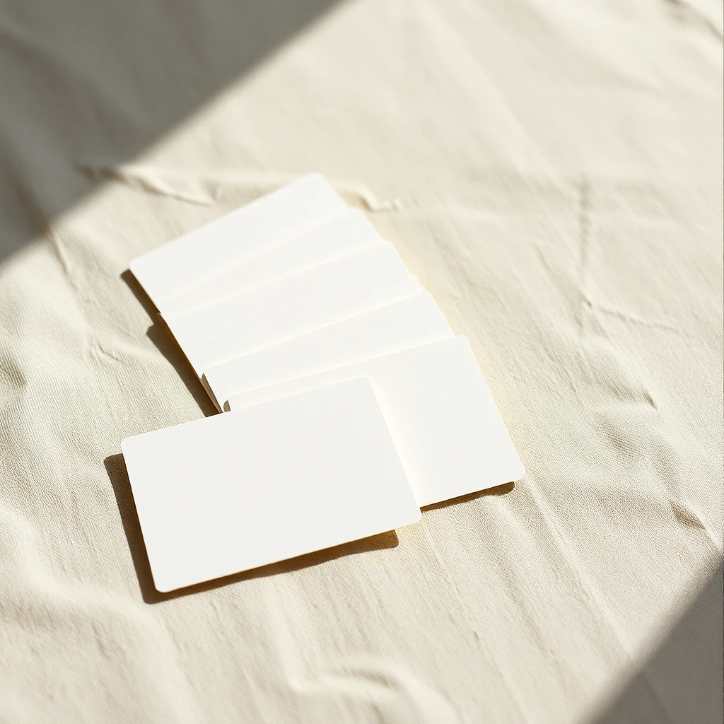 A row of blank paper index cards fanned out on a linen surface in soft daylight, shot on 35mm film