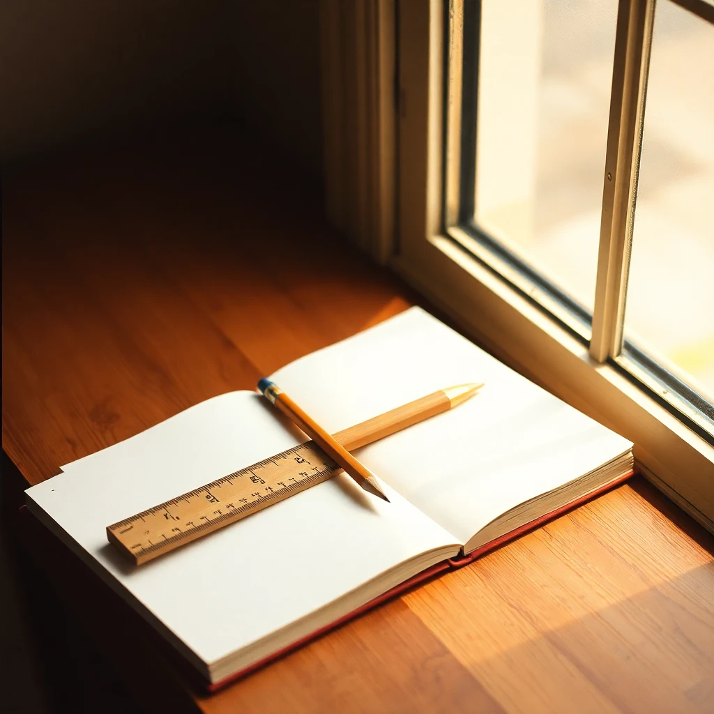 A wooden ruler and a pencil resting on an open notebook by a window, warm morning light, shot on 35mm film