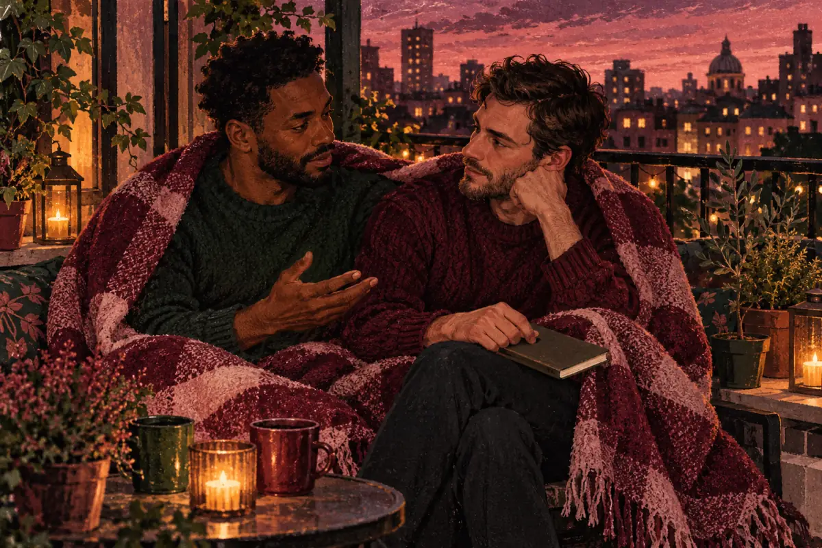 Two men talk on a city balcony at dusk under one wool blanket; one holds a closed notebook