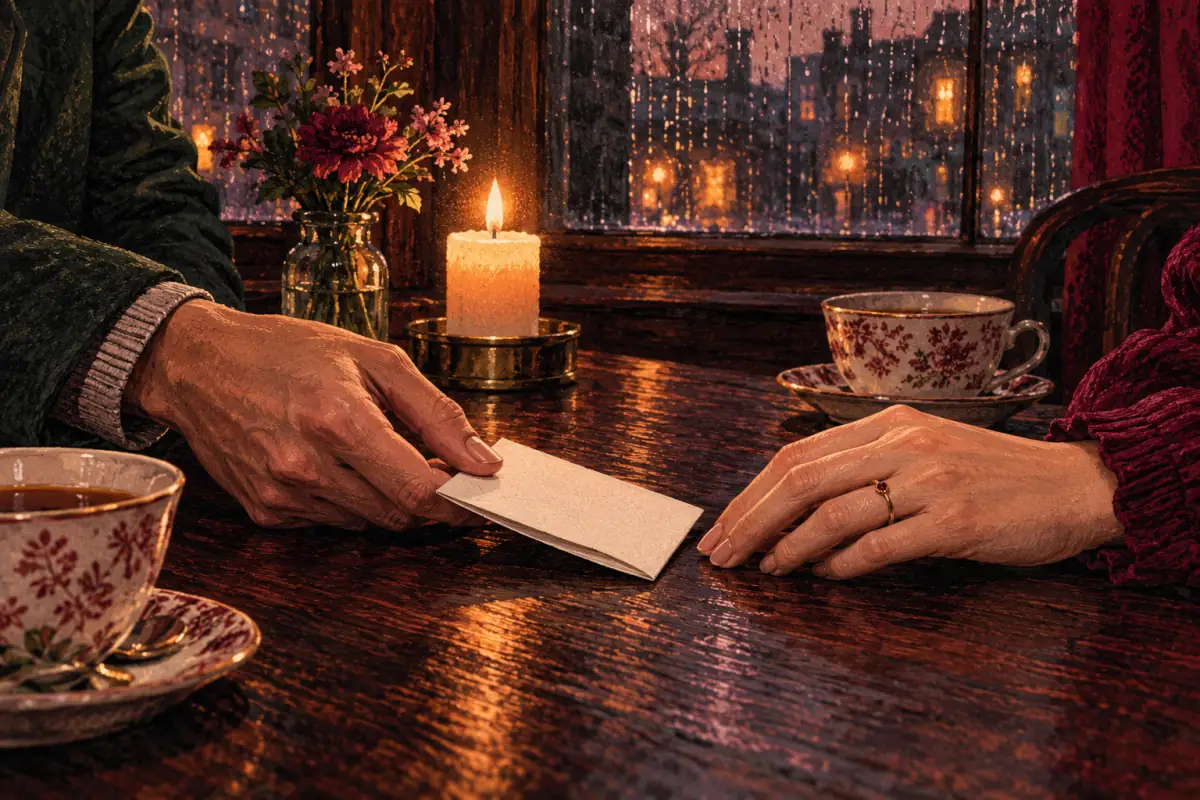 Close-up of a hand sliding a folded note across a wooden table toward another hand, with teacups and a candle