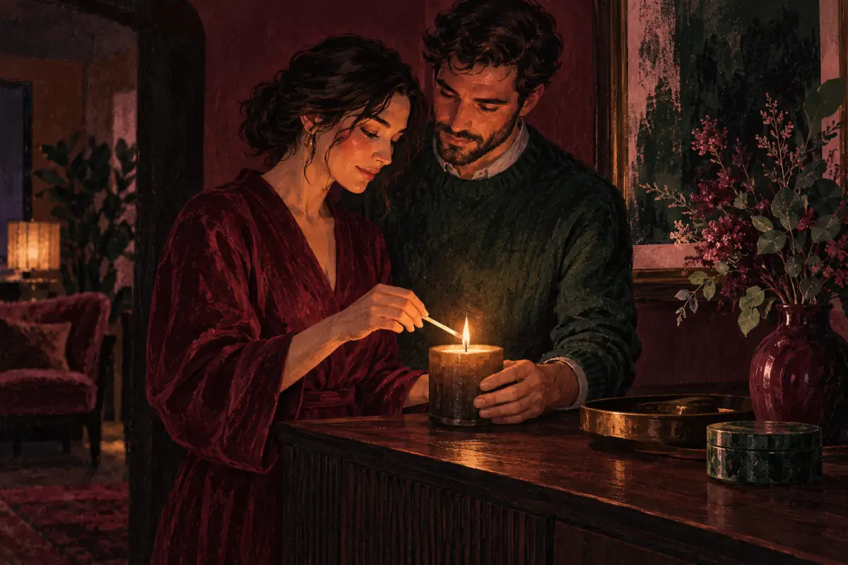 A couple lights a candle together on a sideboard to begin an agreed evening ritual
