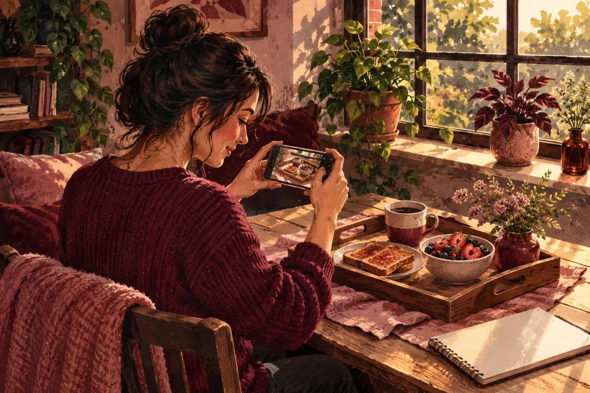 Person photographing a breakfast tray by a sunny window for a long-distance D/s check-in