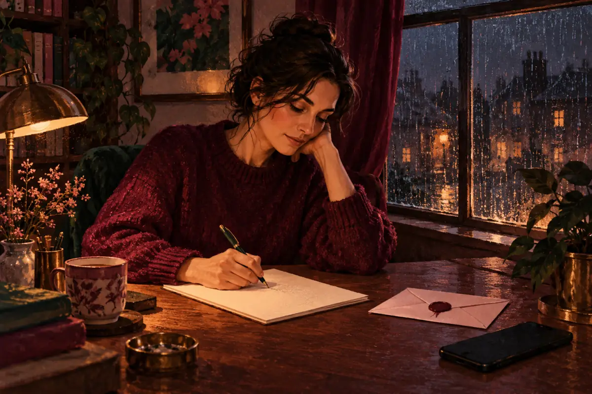 Person handwriting a letter at a night desk beside a sealed envelope and face-down phone