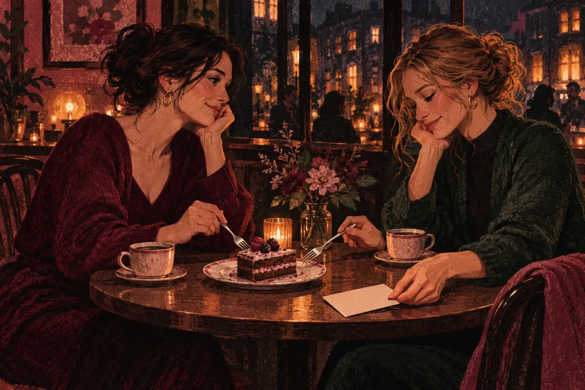 Two women share cake in a cafe as one slides an appreciation card across the table