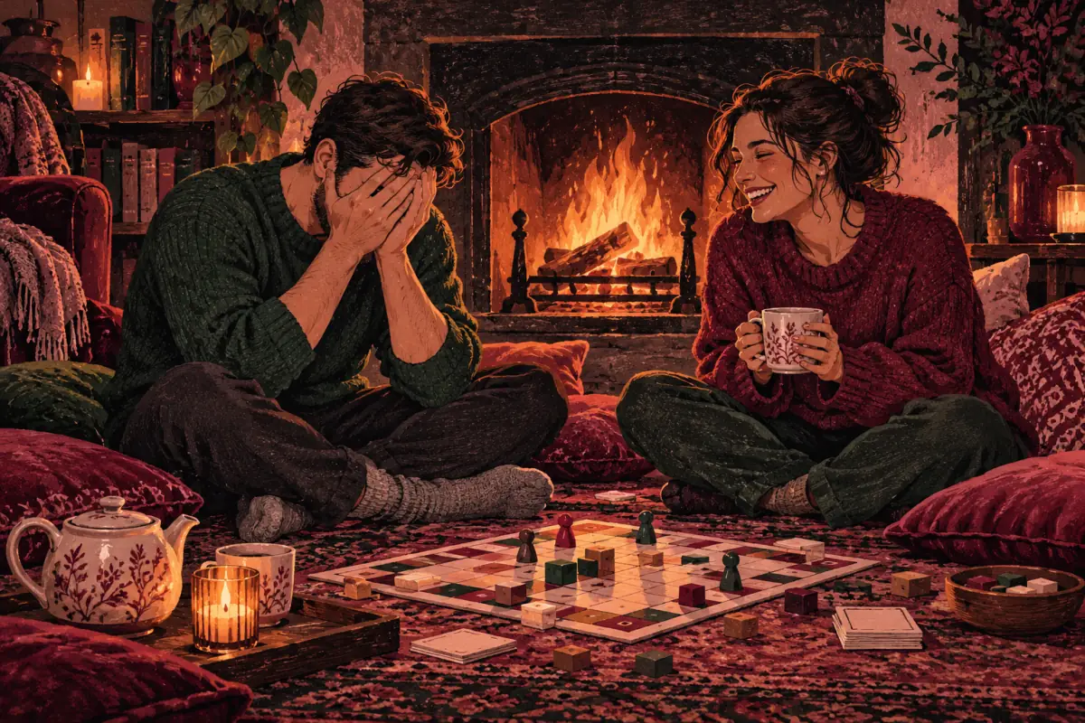 A couple plays a board game by a fireplace; one hides their face in mock defeat while the other laughs