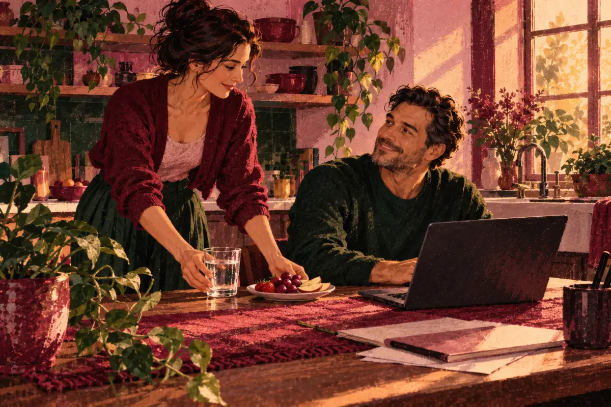 Woman sets water and fruit beside her partner's laptop as he smiles in a morning kitchen