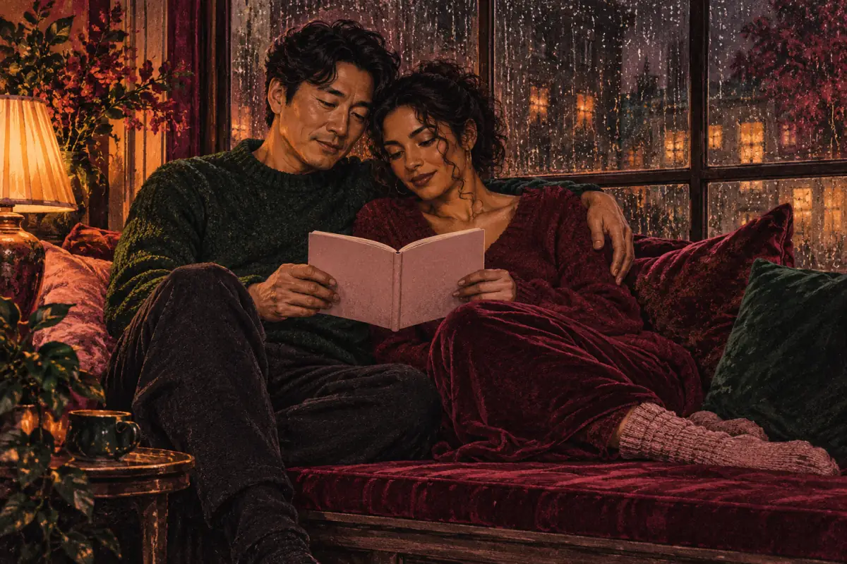 Couple in their forties read a small booklet on a window seat while rain falls outside