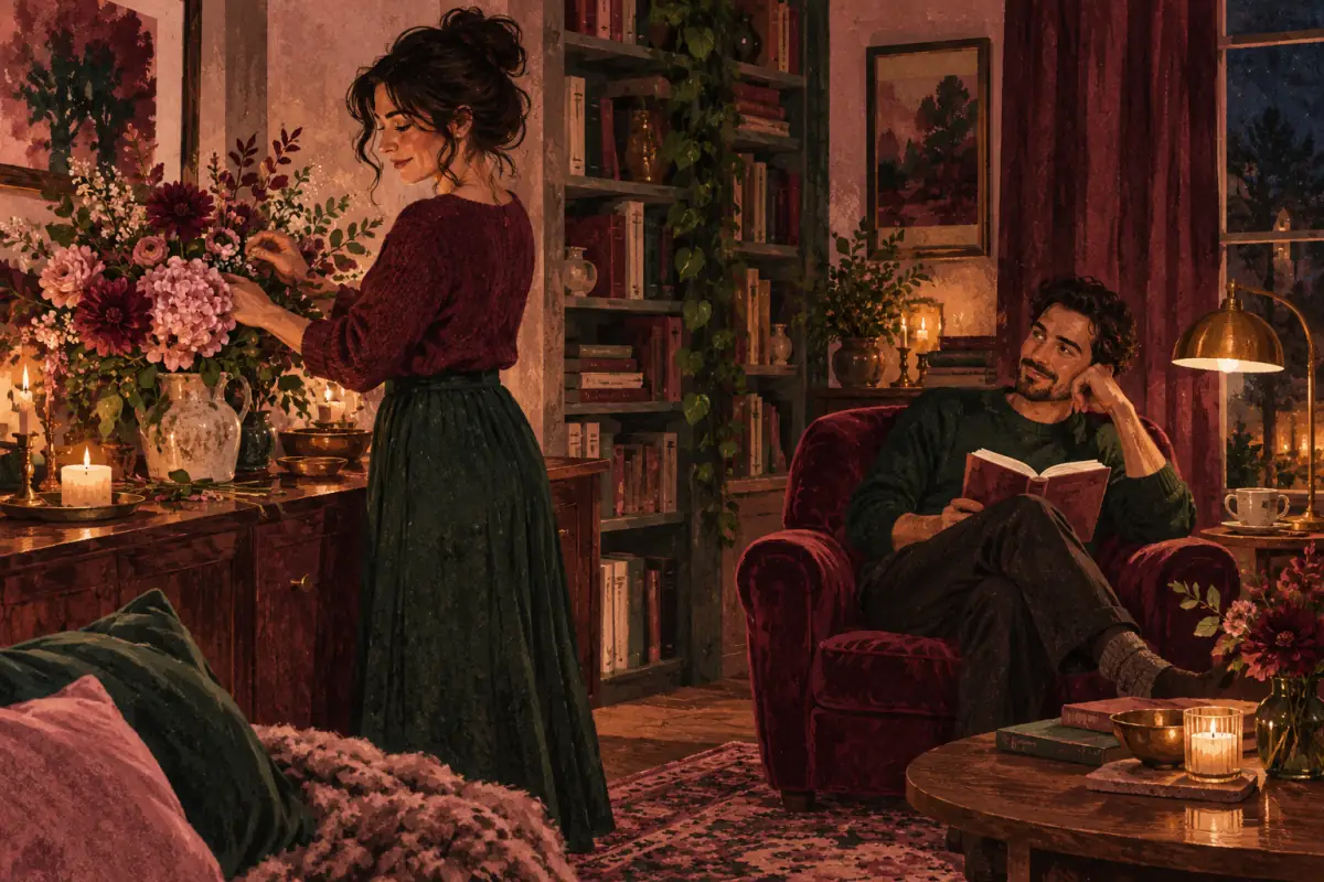 One person arranges flowers in a vase while their partner reads nearby and watches appreciatively