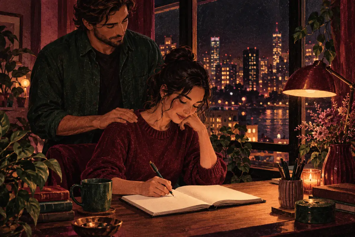 One person journals at a night desk while their partner rests a supportive hand on their shoulder