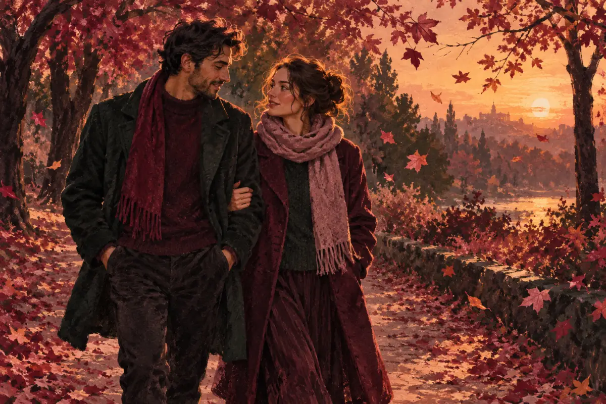 A couple walks arm in arm through an autumn park at golden hour during their first week