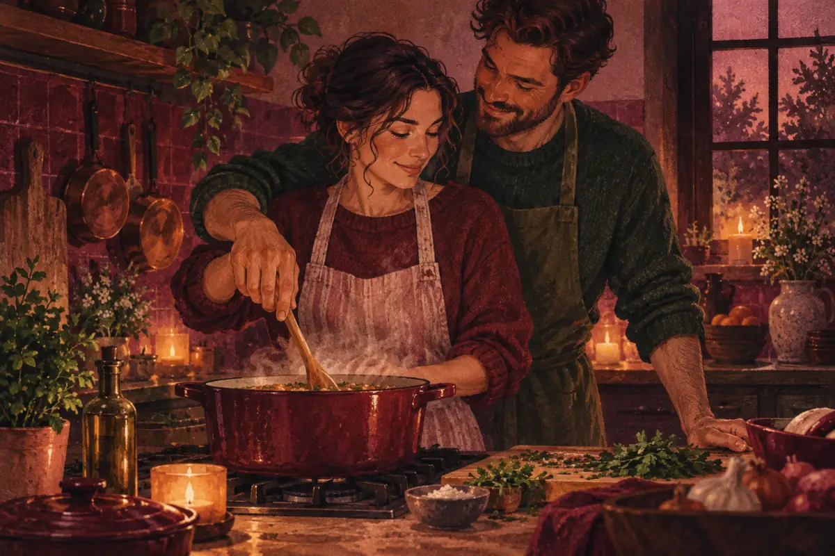 A couple cooks together as one gently guides the other's hand while stirring a pot