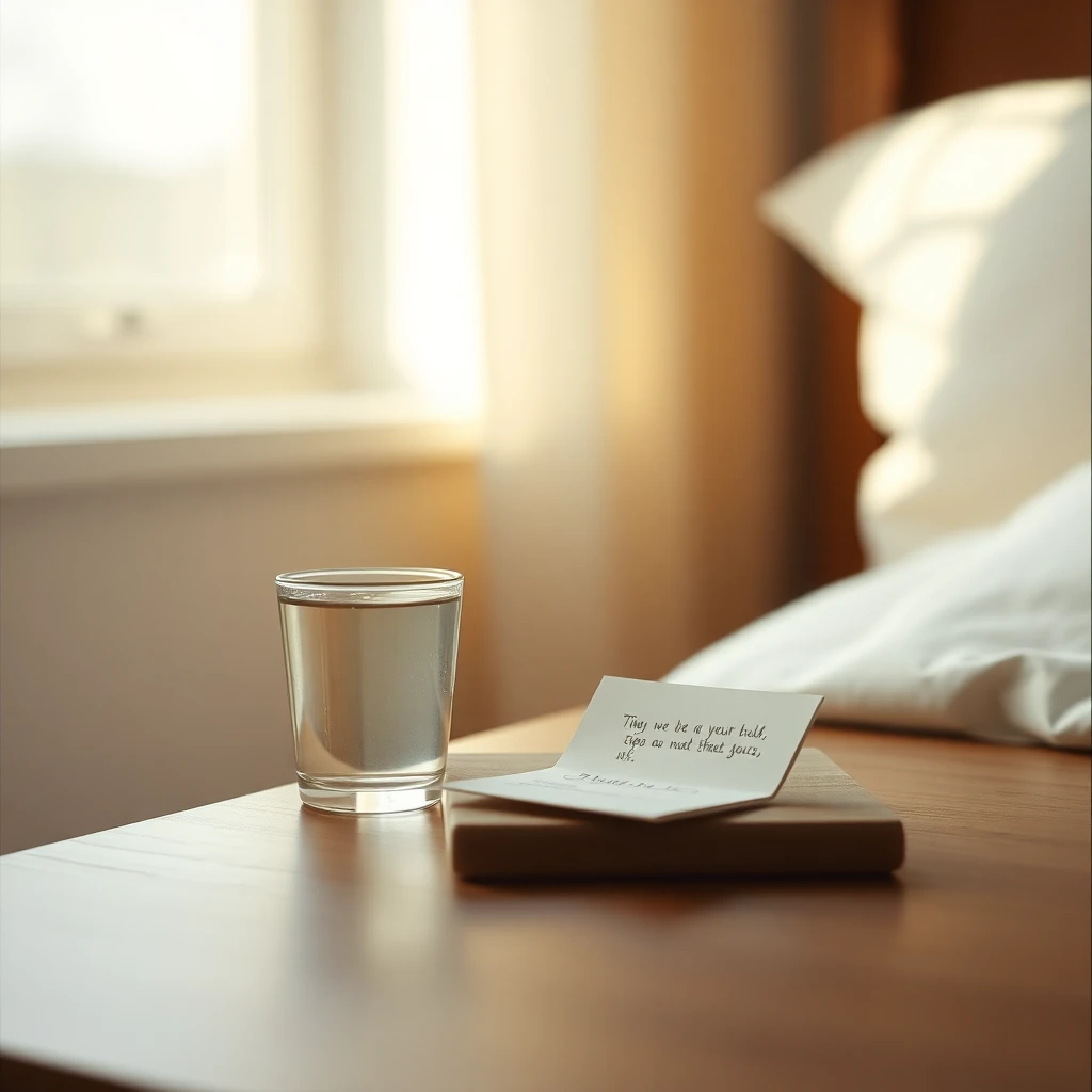 A glass of water and a small folded handwritten note resting on a wooden bedside table, soft window light, shallow focus, shot on 35mm film