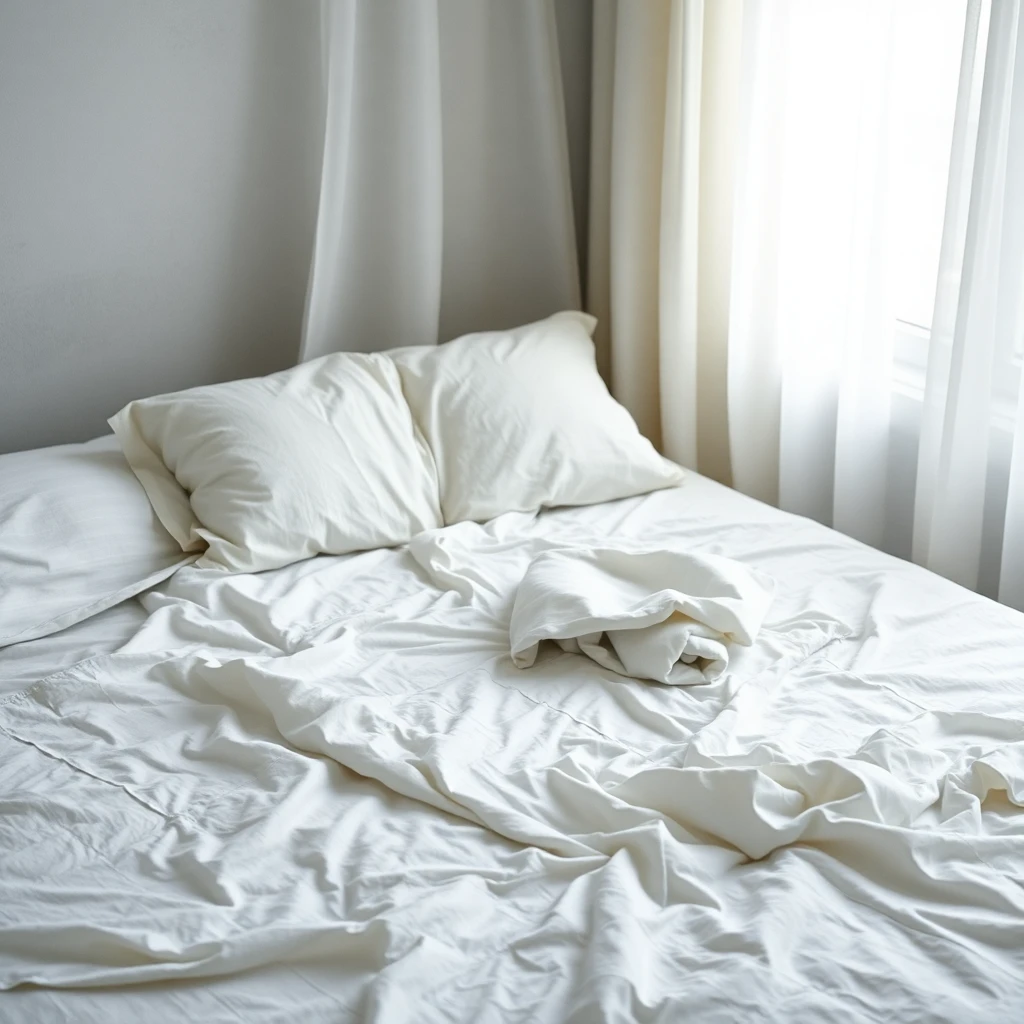 An empty unmade bed with rumpled white linen sheets and a single soft pillow, gentle morning light through sheer curtains, melancholy but neutral mood, shot on 35mm film