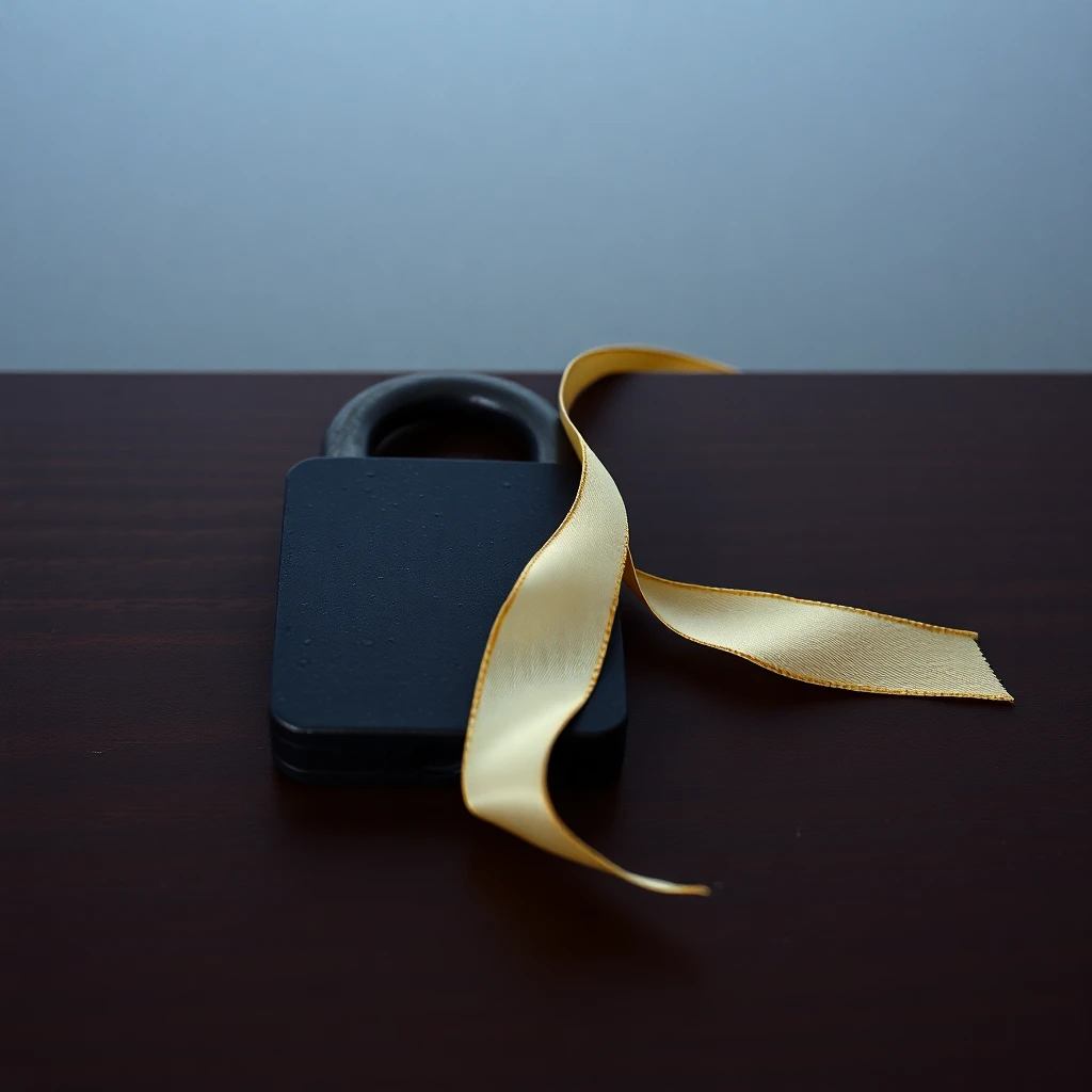 A heavy black padlock and a single loose silk ribbon resting on a dark wooden surface, soft directional light, shot on 35mm film