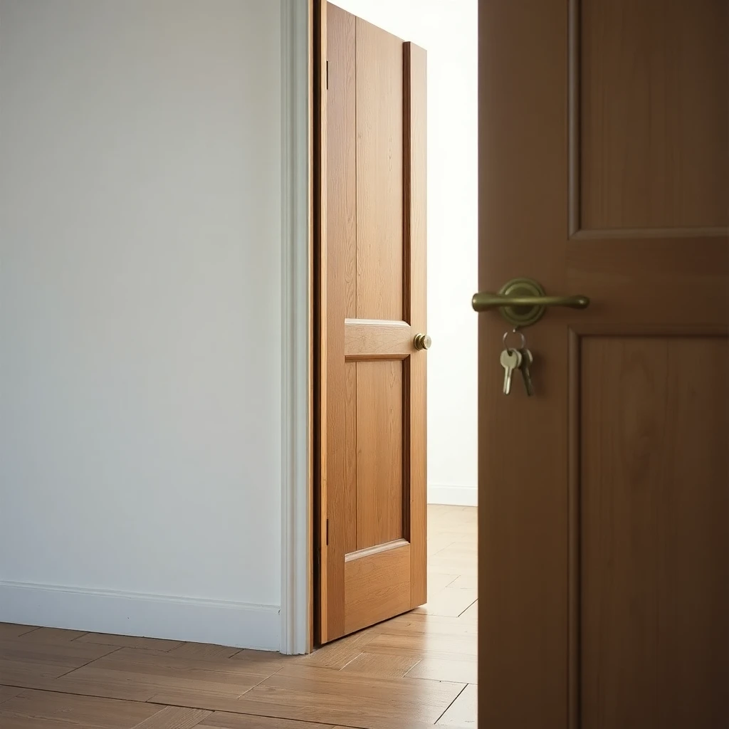 A wooden door half-open into a brightly lit hallway, brass key hanging in the lock, no people in frame, shot on 35mm film