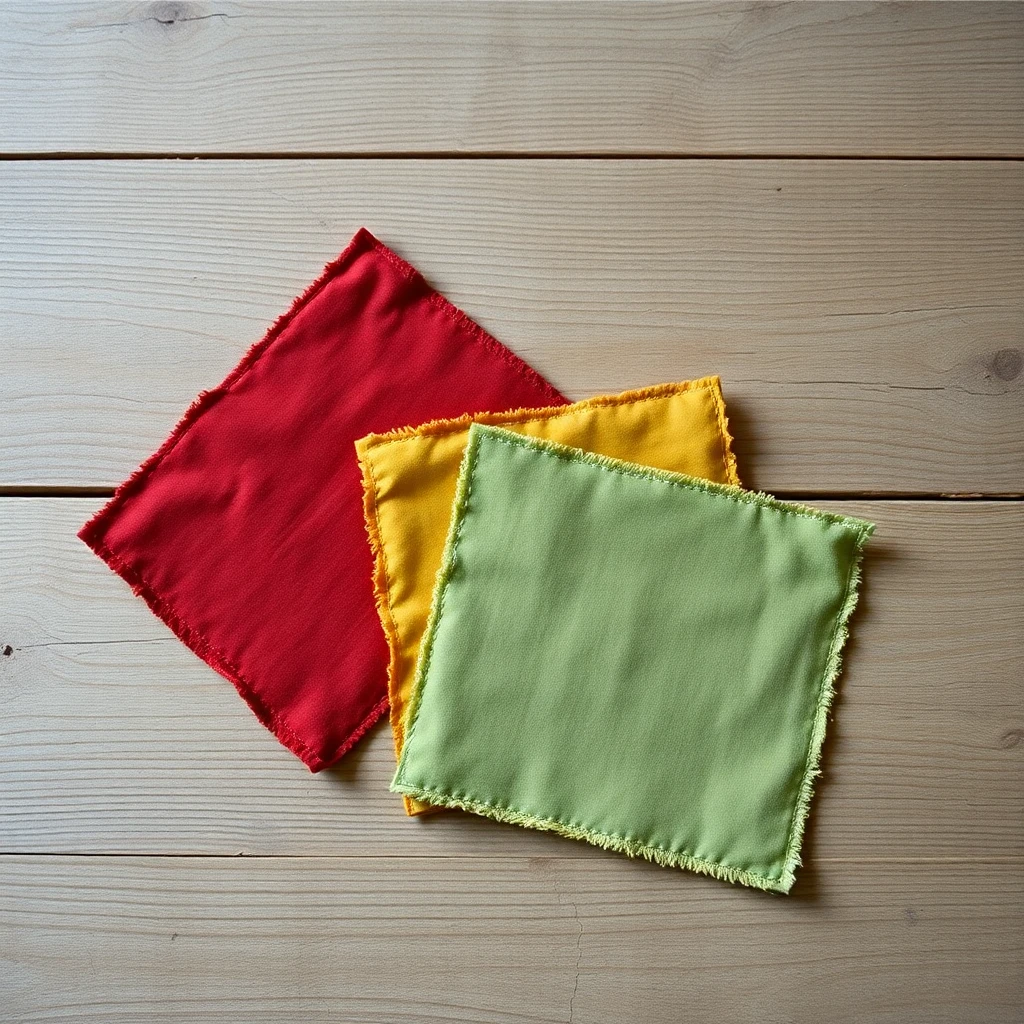 Three squares of muted fabric — clay red, mustard, sage green — overlapping on a worn wooden surface, shot on 35mm film