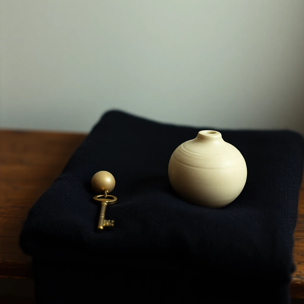 A small ceramic pot, a brass key, and a small ball resting on a dark wool blanket folded over a wooden bench, soft single-source light, shot on 35mm film