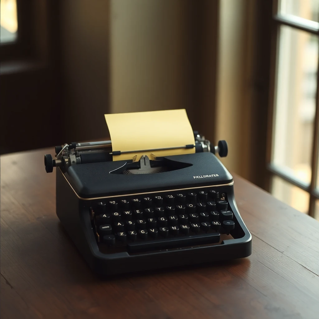 An old manual typewriter on a wooden table with a sheet of yellowed paper rolled in, warm window light, shot on 35mm film