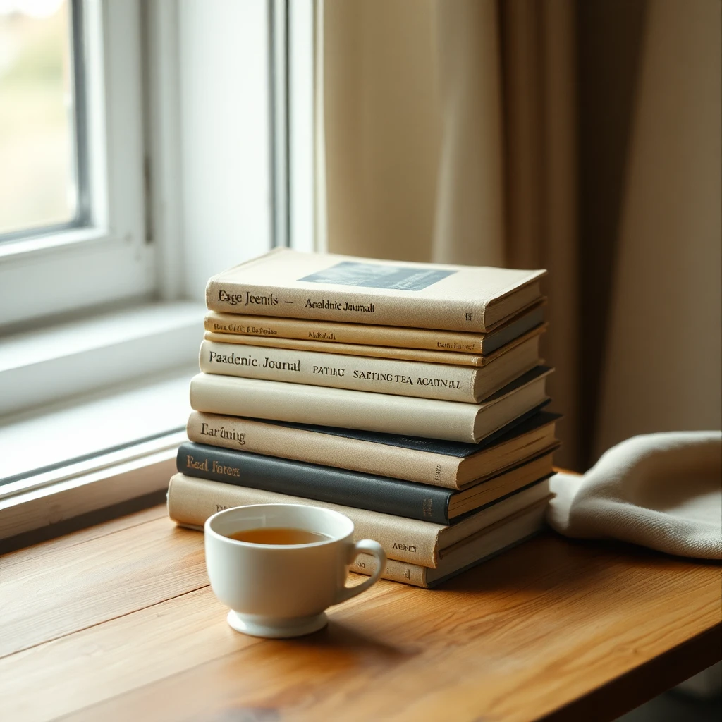 A small stack of aged paperback journals on a wooden table with a cup of tea beside them, soft window light, shot on 35mm film