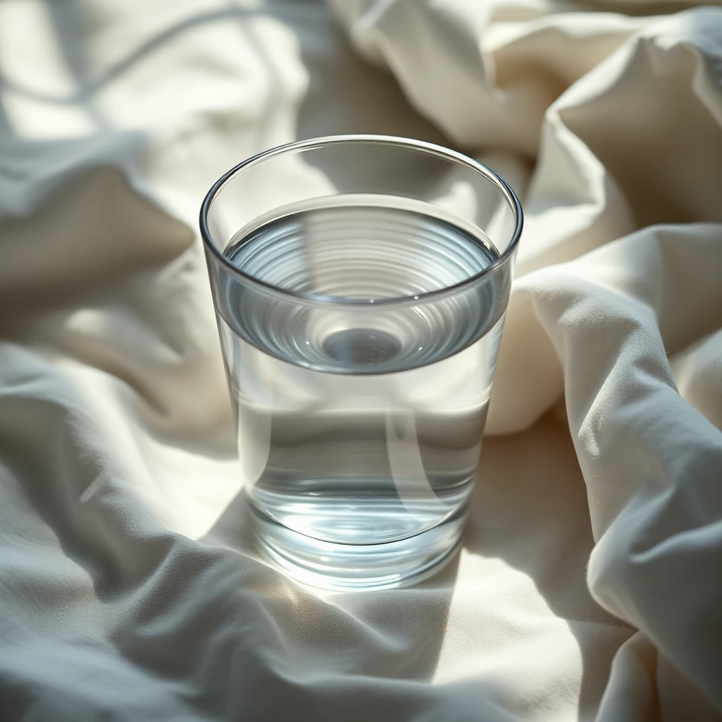 Glass of water on rumpled cotton sheets, faint concentric ripples on the surface, soft window light from the side