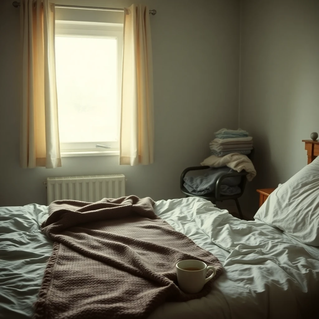 Aftercare interior: brown wool blanket on a messy bed, mug of tea, folded clothes on a chair, soft window light