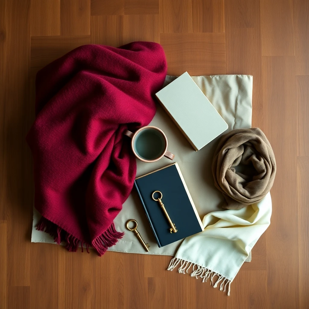 A typology of adult comfort objects on walnut wood and kraft paper: oxblood cashmere throw, ceramic mug, clothbound book, brass key, folded silk scarf