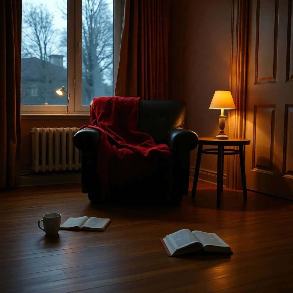 A quiet adult reading nook after dusk: leather armchair with oxblood blanket, warm lamp, book and mug, hardwood floor, window at dusk