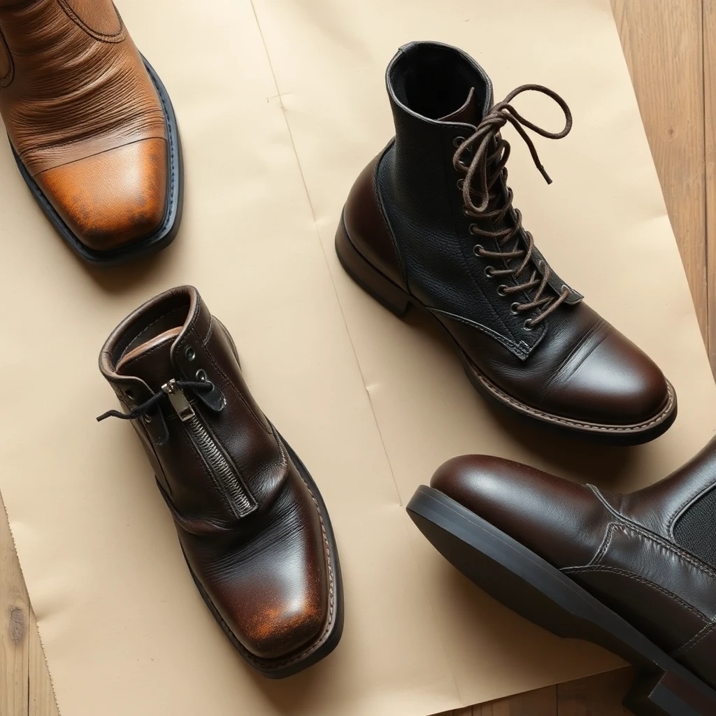 Close-up typology of four different boots: a cowboy boot, a combat lace-up, a black motorcycle boot, and a dress boot, on kraft paper and dark wood