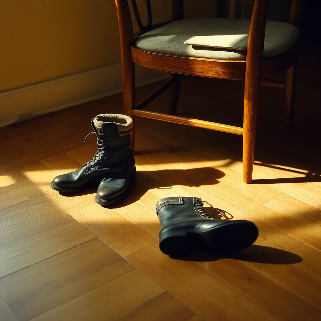 A pair of boots taken off beside a bentwood chair on warm hardwood floor at golden hour, one upright, one collapsed