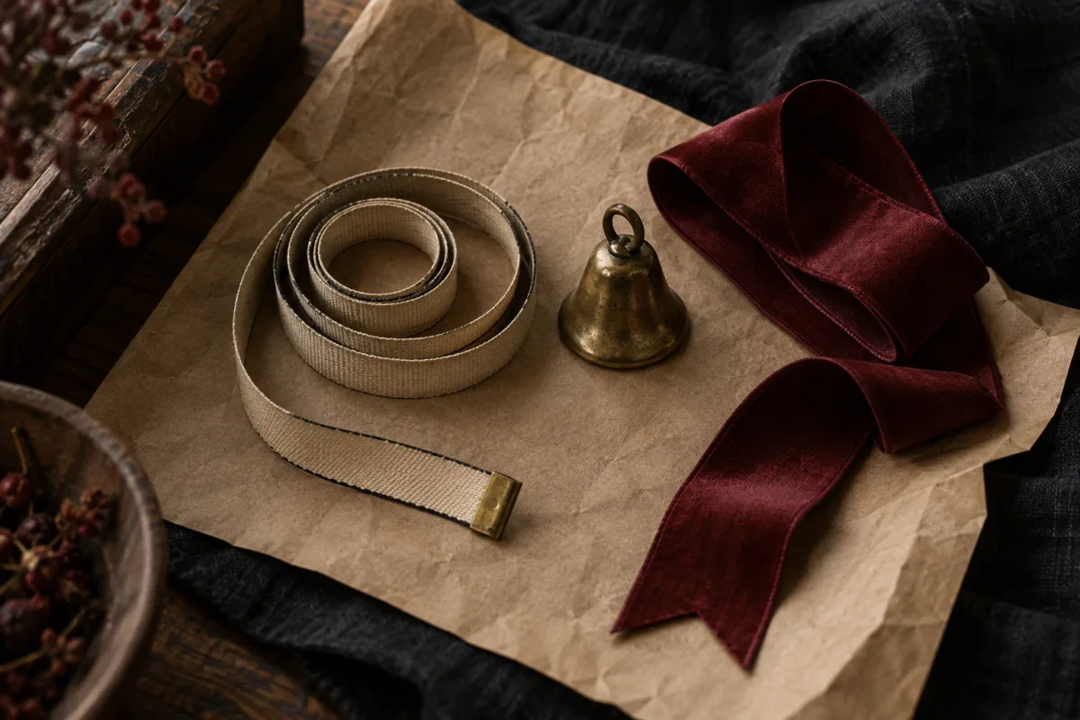 Overhead on kraft paper: a coiled measuring tape, a small brass bell and a folded oxblood ribbon on black linen