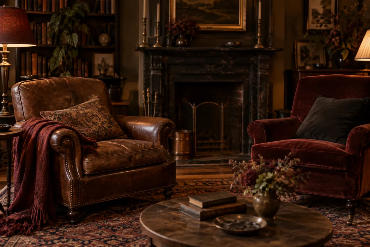 Two mismatched armchairs facing each other at an angle in a warm lamplit room, a cushion knocked askew, an oxblood throw half sliding off
