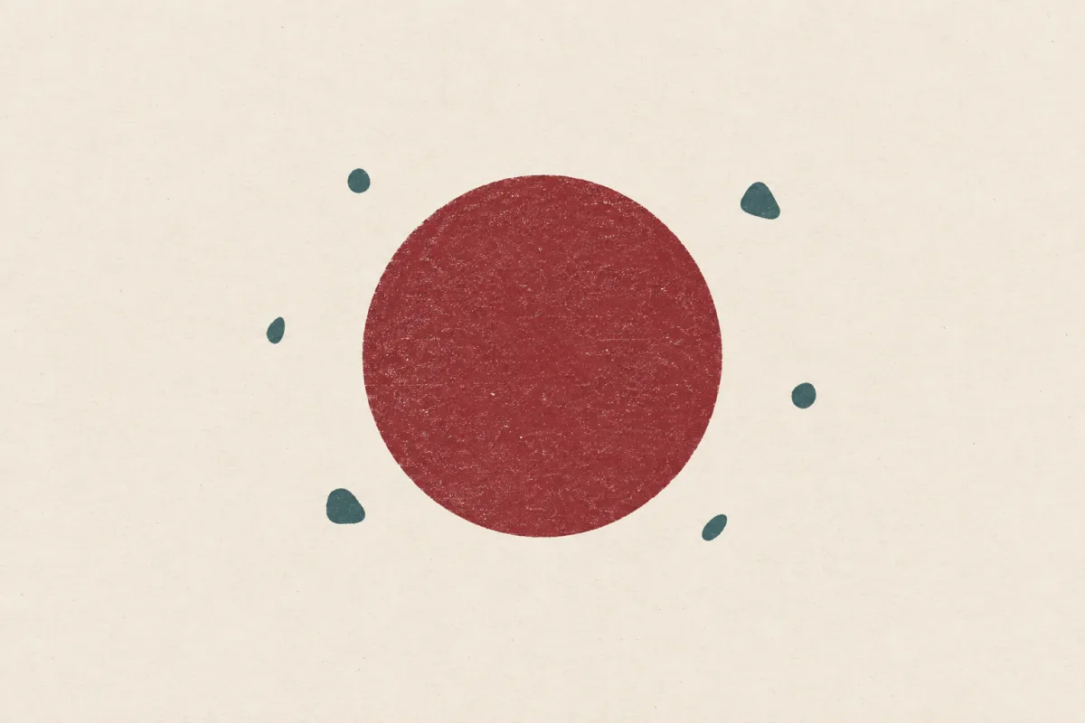 A single large oxblood circle beside a scatter of much smaller teal shapes on cream paper