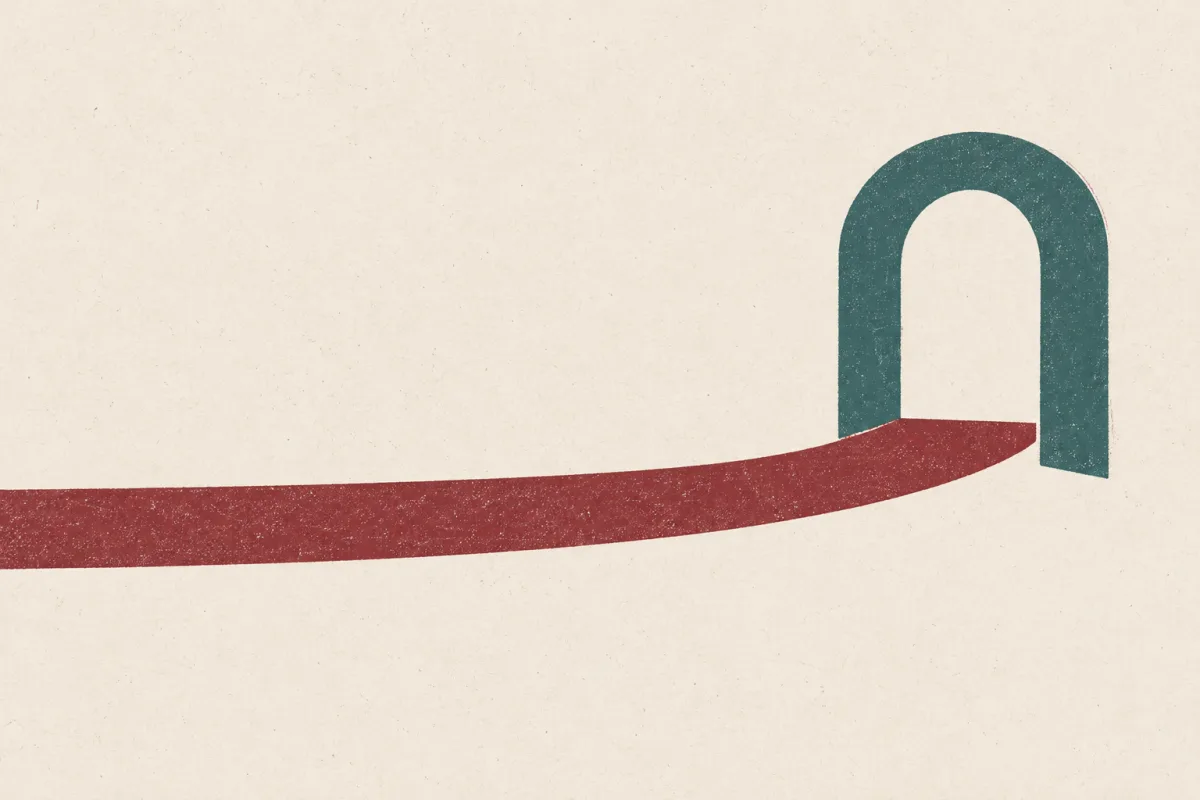 A thick oxblood path running unobstructed to an open teal archway on cream paper