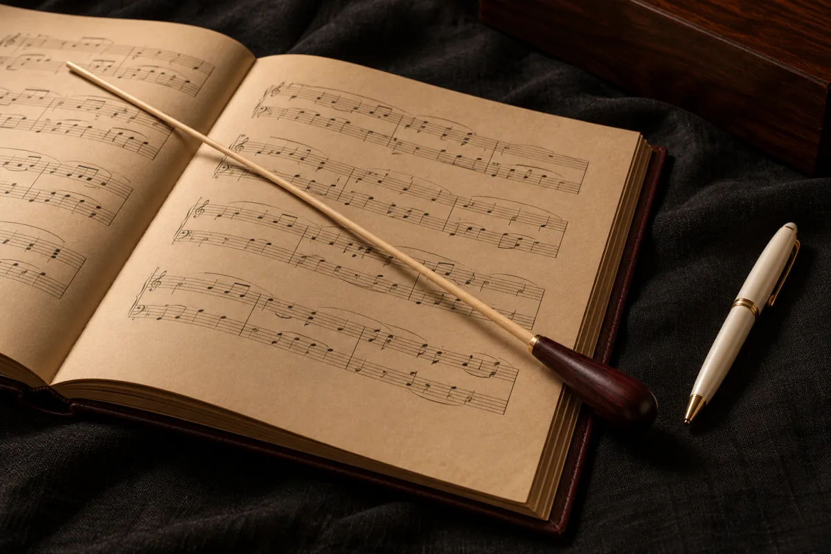 A wooden conductor's baton resting across an open sheet-music score on black linen, a pearl-white pen beside it